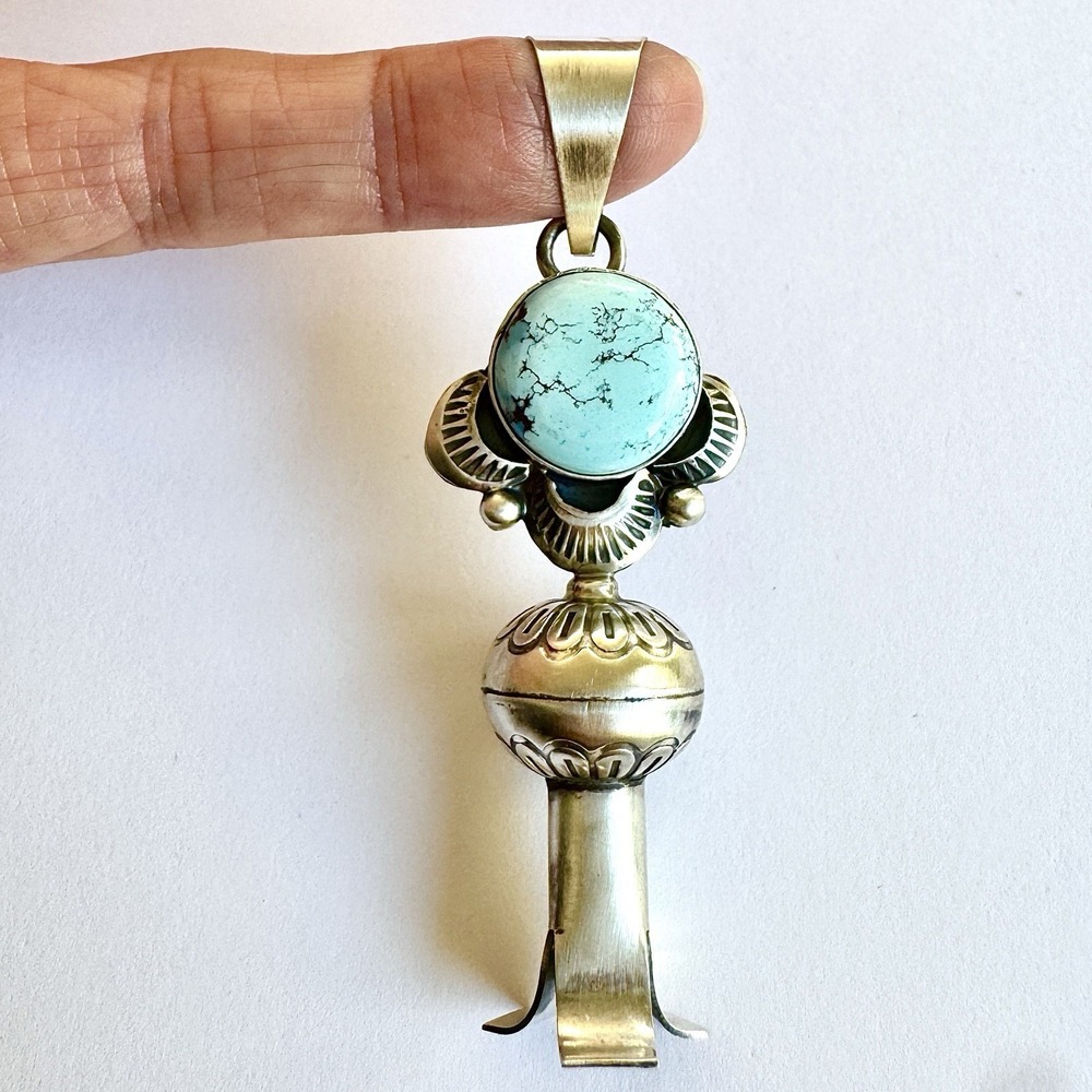 Navajo Turquoise Squash Blossom Pendant Golden Hills Blue Signed Stamped Native